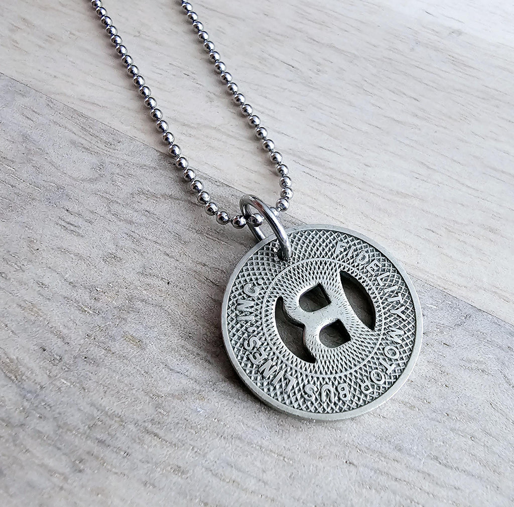 Silver Tone Letter B Charm Necklace, Vintage Bus Token, Stainless Steel Ball Chain, Made in USA by E. Ria Designs, Gift Boxed, Upcycled