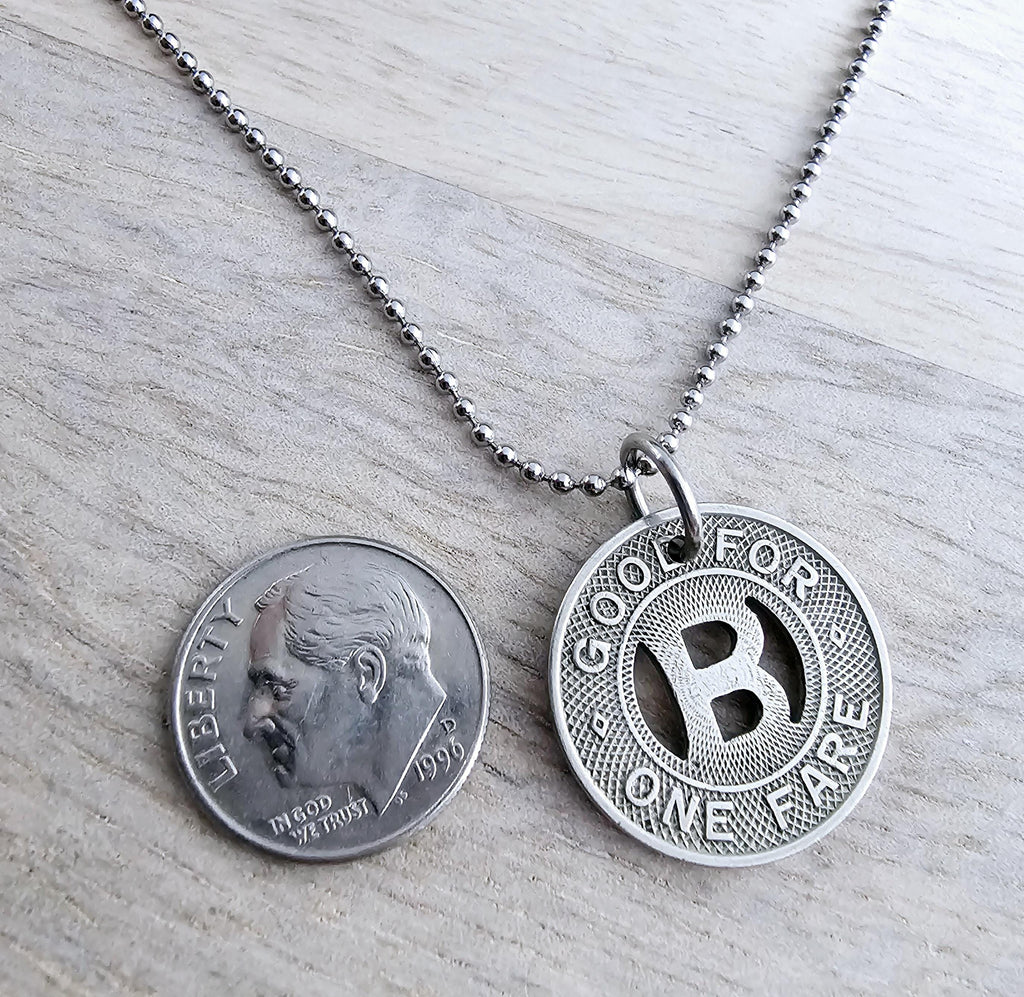 Silver Tone Letter B Charm Necklace, Vintage Bus Token, Stainless Steel Ball Chain, Made in USA by E. Ria Designs, Gift Boxed, Upcycled