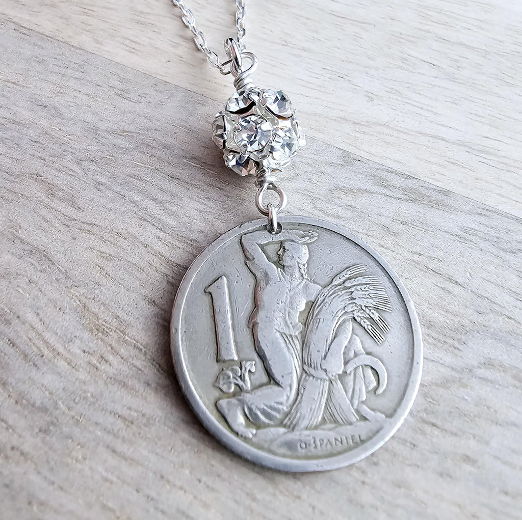 Antique 1923 Czechoslovakia Silver Coin, Woman Farmer, Gardener Jewelry, Republika Ceskoslovenska, Made in USA, Gift Box, E. Ria Designs