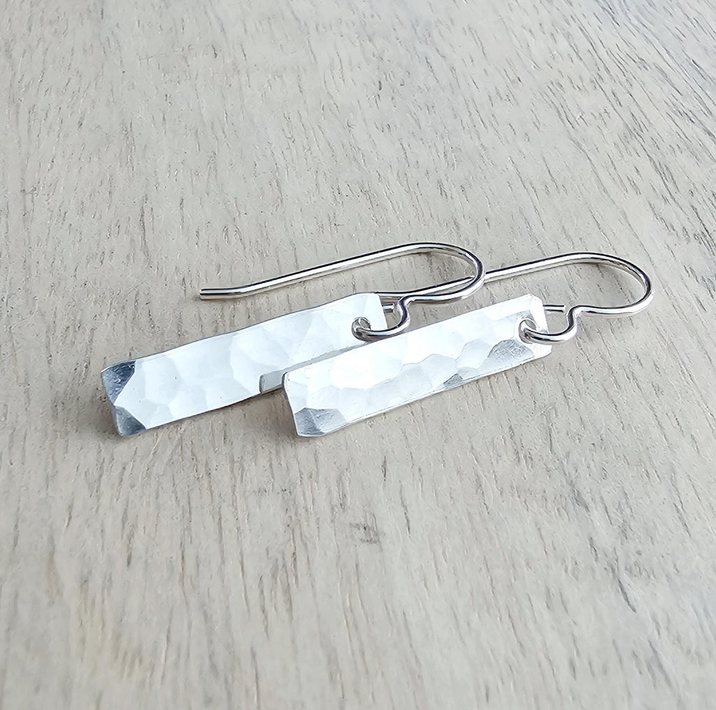 Minimalist Hammered Sterling Silver Bar Drop Earrings, Everyday Jewelry, .925, Handmade in USA, Gift Boxed, E. Ria Designs