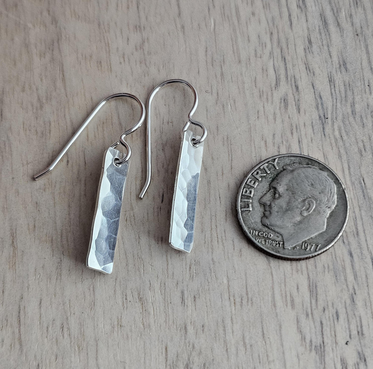 Minimalist Hammered Sterling Silver Bar Drop Earrings, Everyday Jewelry, .925, Handmade in USA, Gift Boxed, E. Ria Designs