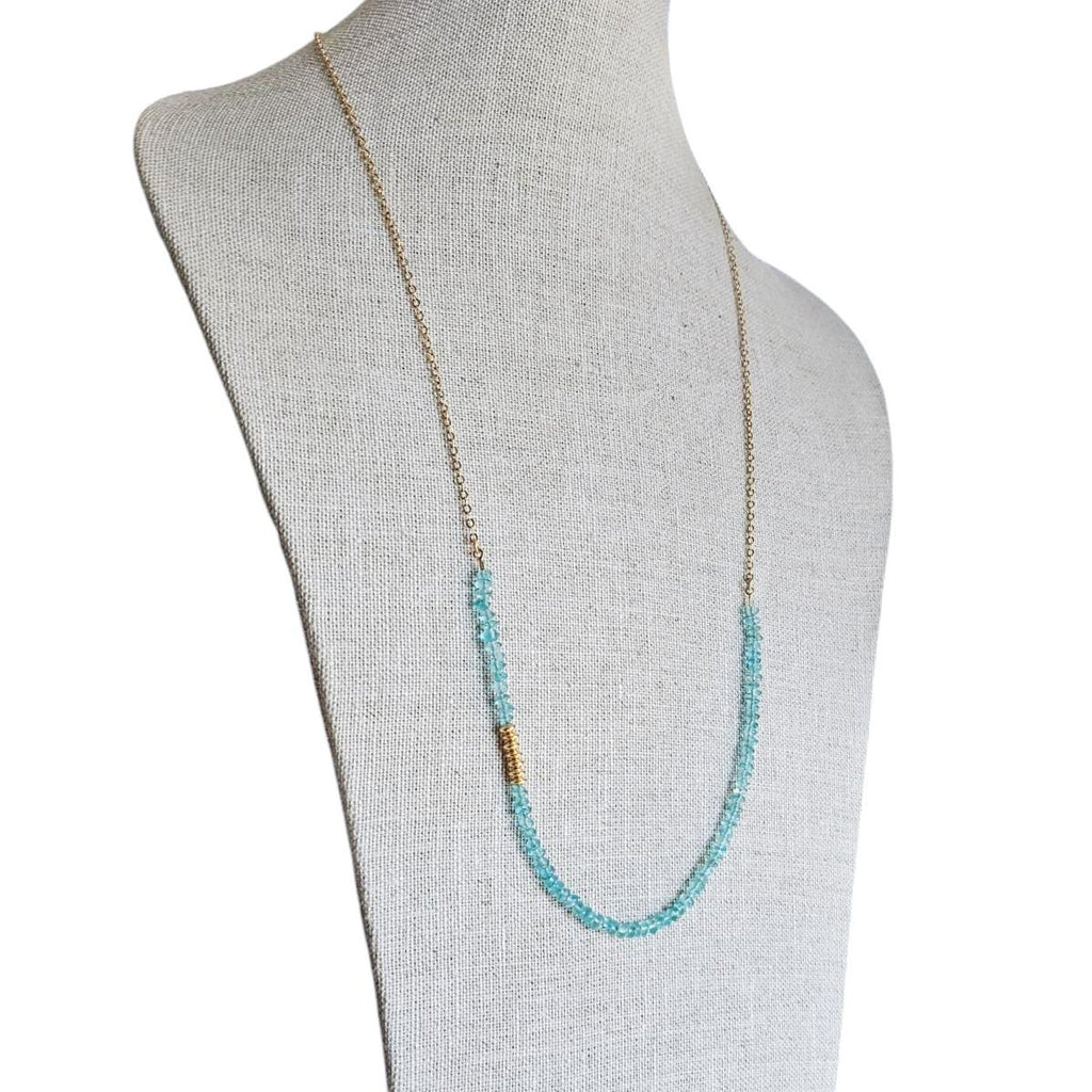 Long Aqua Blue Apatite Gemstone, 14k Gold Filled Cable Chain Necklace, Saucer Gold Beads, Handmade, Gift Boxed, Made in USA, E. Ria Designs