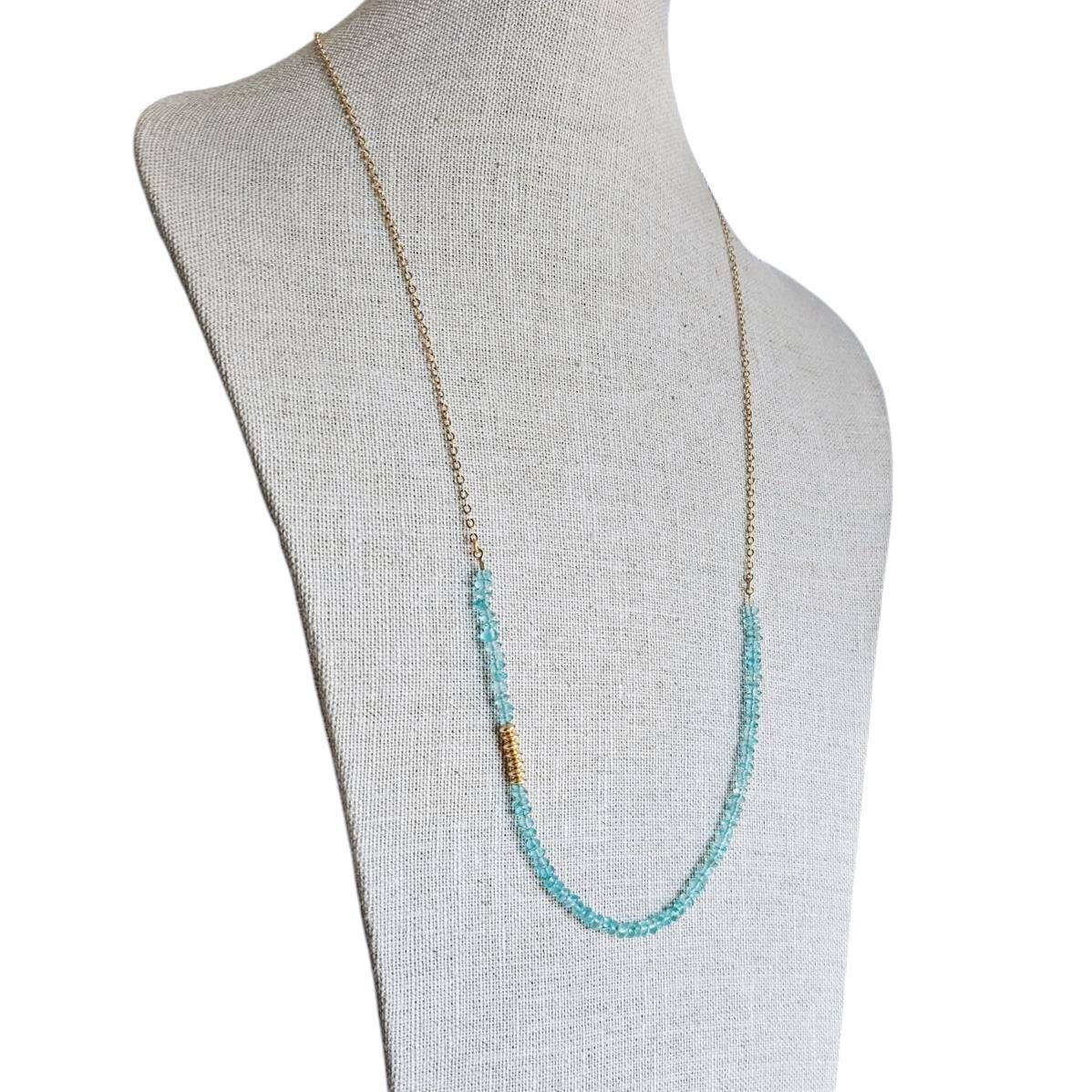 Long Aqua Blue Apatite Gemstone, 14k Gold Filled Cable Chain Necklace, Saucer Gold Beads, Handmade, Gift Boxed, Made in USA, E. Ria Designs