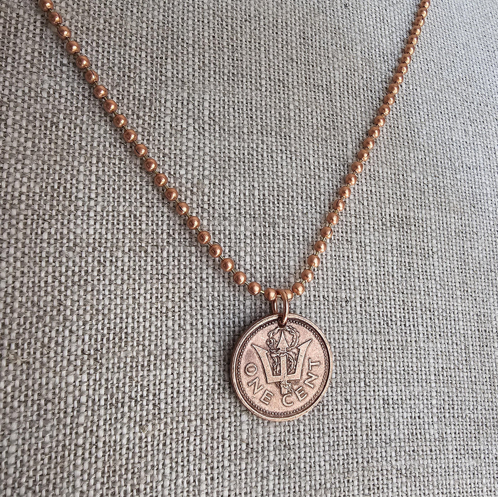 1985 Barbados Trident Coin Necklace, Reversible, Copper Ball Chain, One Cent, Copper, Sea Life Crest, Vintage Coin Jewelry, E. Ria Designs