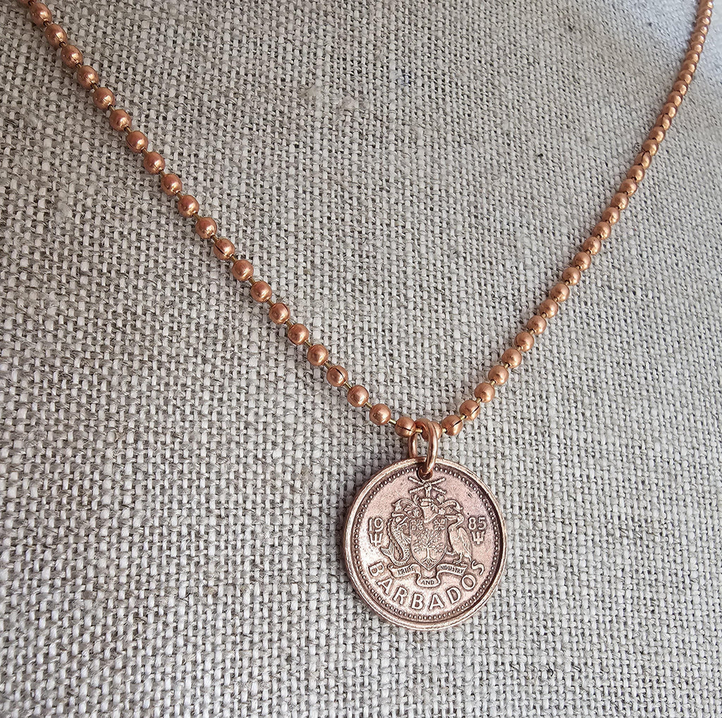 1985 Barbados Trident Coin Necklace, Reversible, Copper Ball Chain, One Cent, Copper, Sea Life Crest, Vintage Coin Jewelry, E. Ria Designs