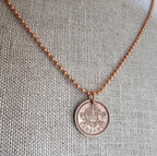 1985 Barbados Trident Coin Necklace, Reversible, Copper Ball Chain, One Cent, Copper, Sea Life Crest, Vintage Coin Jewelry, E. Ria Designs