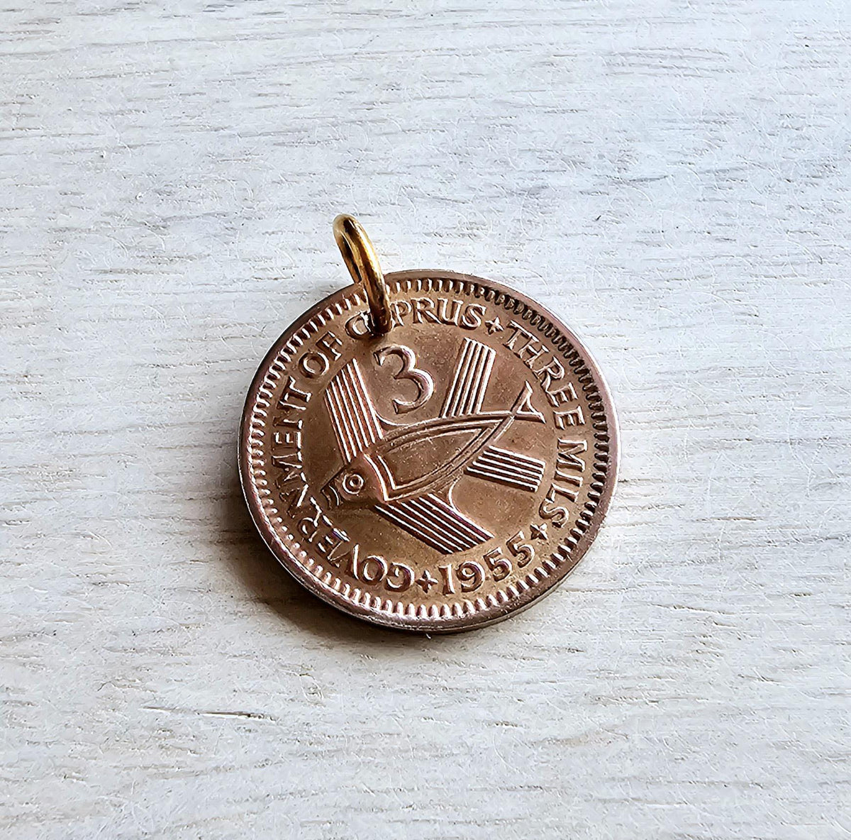 1955 Cyprus Vintage Fish Coin Charm, Add to Necklace, Bracelet, Keyring, Gift Box Birthday, Anniversary Gift, Copper, 3 Mil, E. Ria Designs
