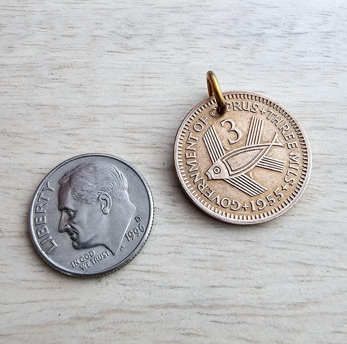 1955 Cyprus Vintage Fish Coin Charm, Add to Necklace, Bracelet, Keyring, Gift Box Birthday, Anniversary Gift, Copper, 3 Mil, E. Ria Designs