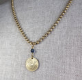 1990 Chile 10 Pesos Coin Necklace, Freed Angel, Blue Austrian Crystal Bead, Brass Ball Chain, E. Ria Designs, Made in USA, Gift Boxed