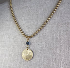 1990 Chile 10 Pesos Coin Necklace, Freed Angel, Blue Austrian Crystal Bead, Brass Ball Chain, E. Ria Designs, Made in USA, Gift Boxed