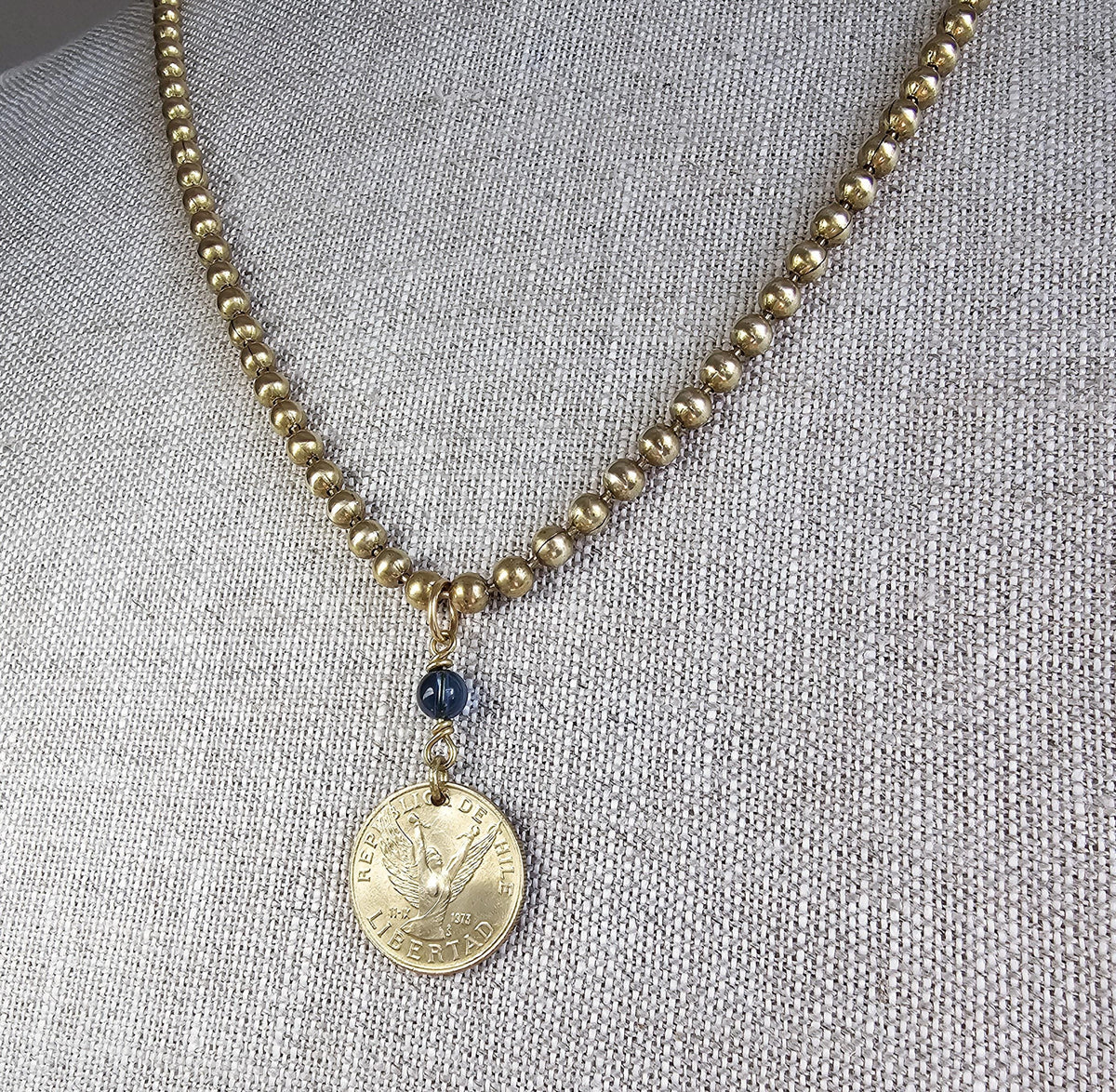 1990 Chile 10 Pesos Coin Necklace, Freed Angel, Blue Austrian Crystal Bead, Brass Ball Chain, E. Ria Designs, Made in USA, Gift Boxed