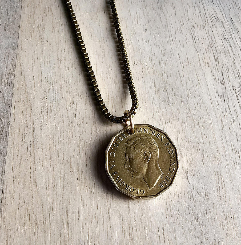 Three Pence Coin Necklace, England Great Britain Flower Coin, Brass Box Chain, Dates Vary, Made in USA, Vintage Coin Jewelry E. Ria Designs