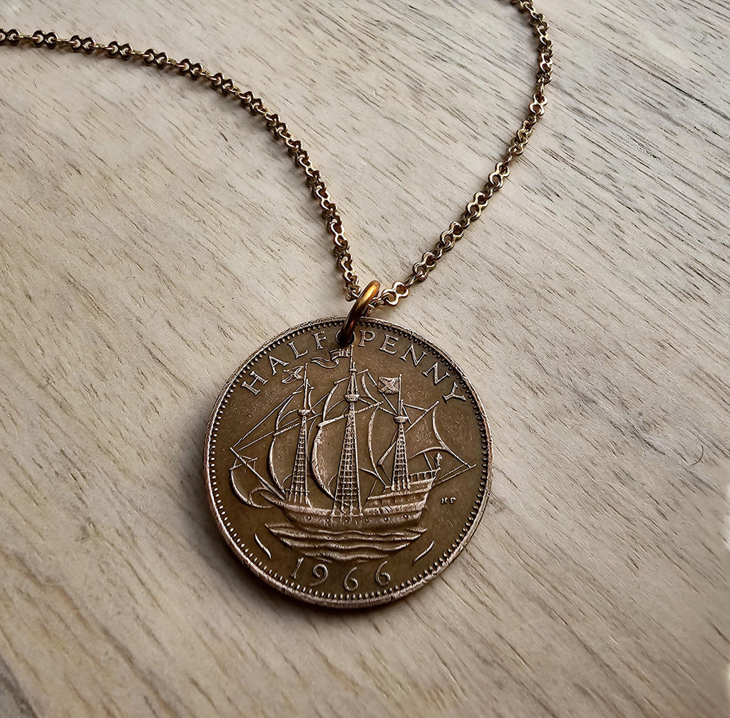 1966 Half Penny British Coin Necklace, Red Brass Figure Eight Chain, Copper England Ship Coin, Made in USA, E. Ria Designs, Gift Boxed