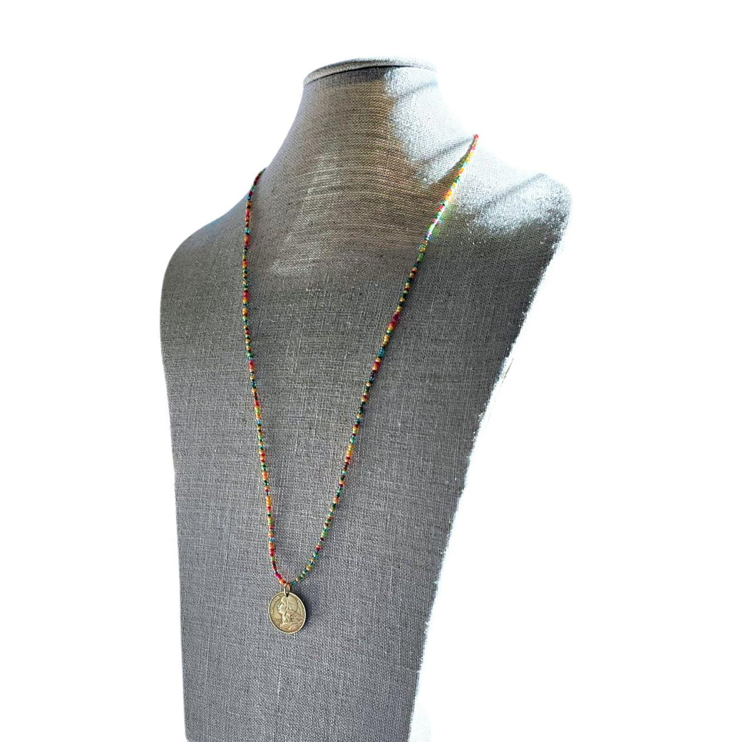 French 20 Centimes Coin Necklace, Multi-Colored Glass Seed Bead Chain, 14K Gold Filled Clasp, Gift Boxed, Made in USA by E. Ria Designs