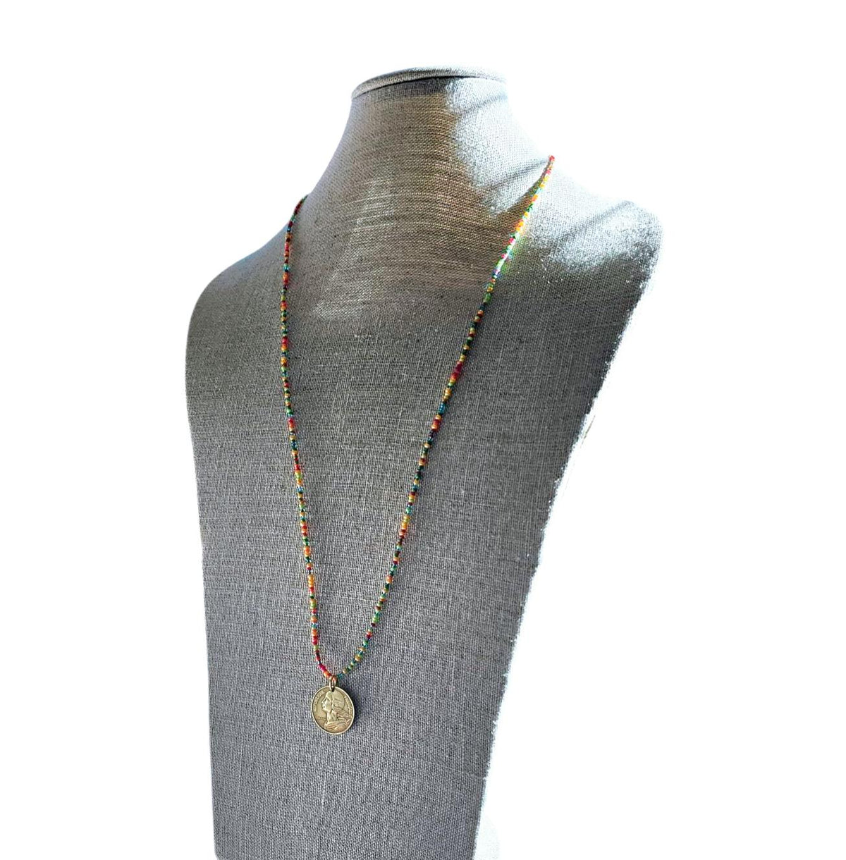 French 20 Centimes Coin Necklace, Multi-Colored Glass Seed Bead Chain, 14K Gold Filled Clasp, Gift Boxed, Made in USA by E. Ria Designs
