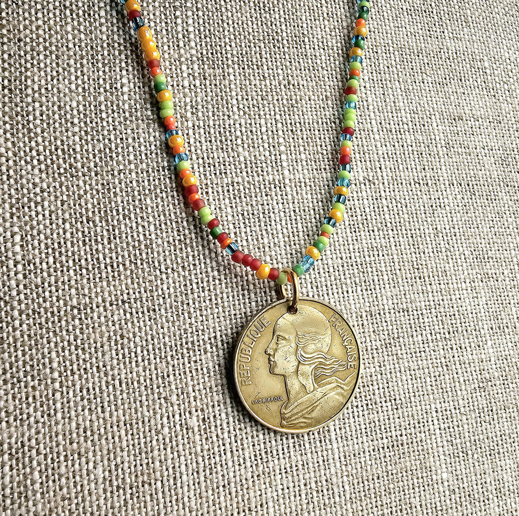 French 20 Centimes Coin Necklace, Multi-Colored Glass Seed Bead Chain, 14K Gold Filled Clasp, Gift Boxed, Made in USA by E. Ria Designs