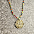 French 20 Centimes Coin Necklace, Multi-Colored Glass Seed Bead Chain, 14K Gold Filled Clasp, Gift Boxed, Made in USA by E. Ria Designs