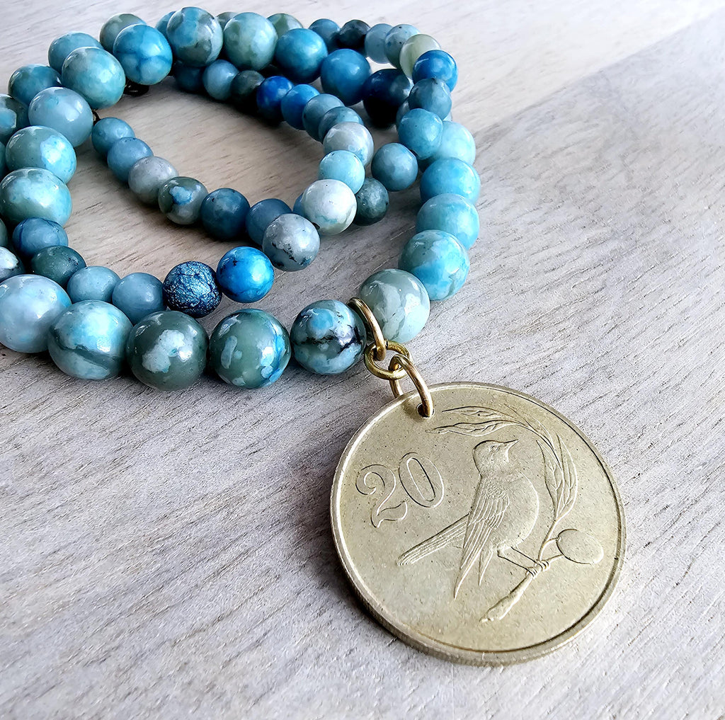 1983 Cyprus Bird Coin Pendant Necklace, Turquoise Jasper Beaded Chain, Birthday Anniversary Gift Boxed, E. Ria Designs, Made in USA