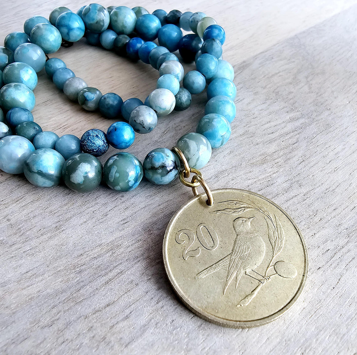1983 Cyprus Bird Coin Pendant Necklace, Turquoise Jasper Beaded Chain, Birthday Anniversary Gift Boxed, E. Ria Designs, Made in USA
