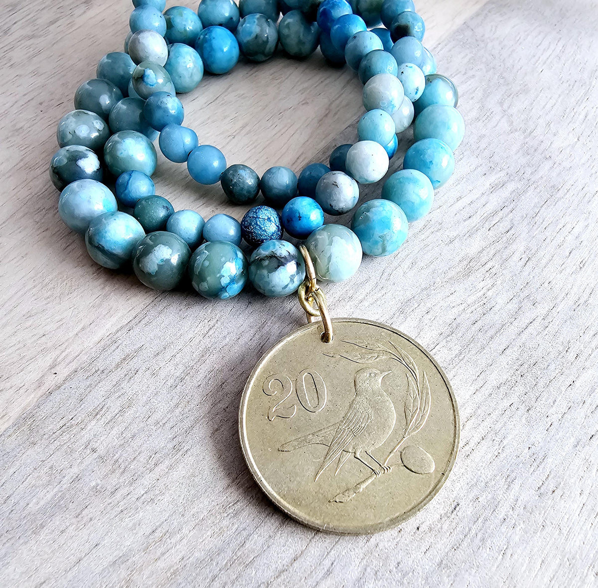 1983 Cyprus Bird Coin Pendant Necklace, Turquoise Jasper Beaded Chain, Birthday Anniversary Gift Boxed, E. Ria Designs, Made in USA