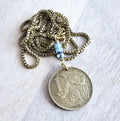 Vintage Gardener Coin Necklace, Old Czechoslovakia 1 Koruna, Woman, Farmer, Plant, Garden Enthusiast Gift, Agrarian, Blue Czech Glass Bead