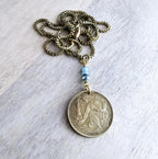Vintage Gardener Coin Necklace, Old Czechoslovakia 1 Koruna, Woman, Farmer, Plant, Garden Enthusiast Gift, Agrarian, Blue Czech Glass Bead