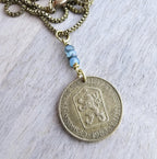 Vintage Gardener Coin Necklace, Old Czechoslovakia 1 Koruna, Woman, Farmer, Plant, Garden Enthusiast Gift, Agrarian, Blue Czech Glass Bead