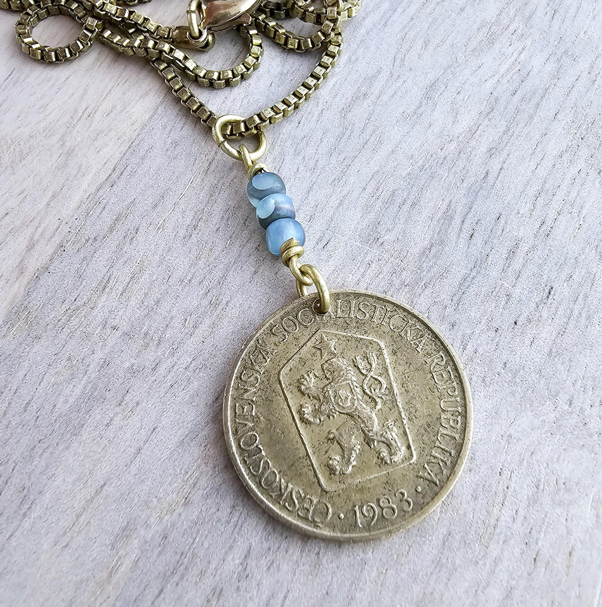 Vintage Gardener Coin Necklace, Old Czechoslovakia 1 Koruna, Woman, Farmer, Plant, Garden Enthusiast Gift, Agrarian, Blue Czech Glass Bead