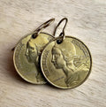 French Coin Earrings, Marianne's Profile Gold France Five Centimes and Brass Ear Wire, Handcrafted in USA by E. Ria Designs