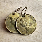 French Coin Earrings, Marianne's Profile Gold France Five Centimes and Brass Ear Wire, Handcrafted in USA by E. Ria Designs