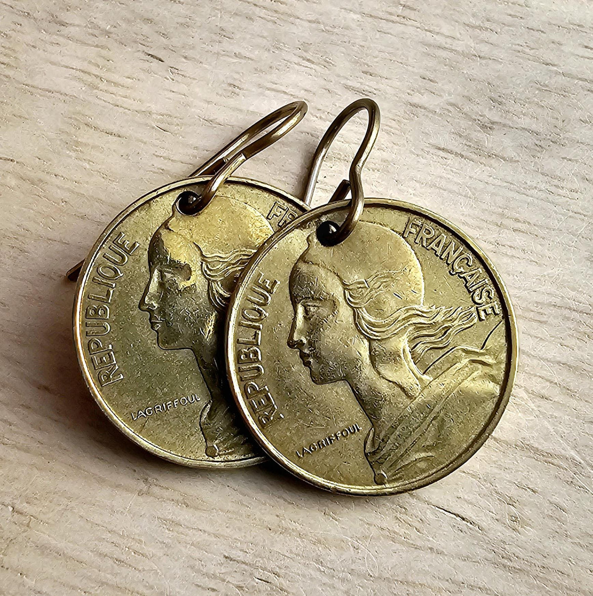 French Coin Earrings, Marianne's Profile Gold France Five Centimes and Brass Ear Wire, Handcrafted in USA by E. Ria Designs