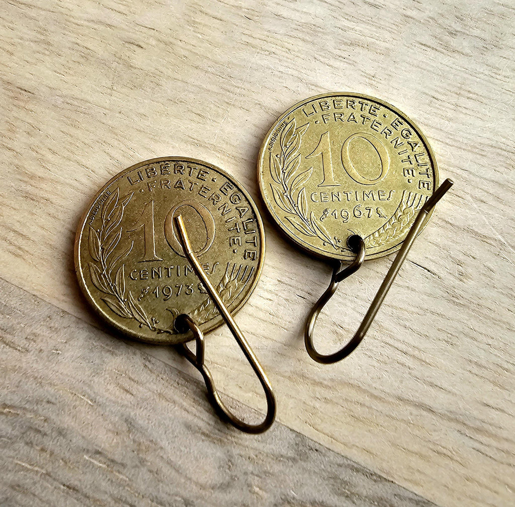 French Coin Earrings, Marianne's Profile Gold France Five Centimes and Brass Ear Wire, Handcrafted in USA by E. Ria Designs