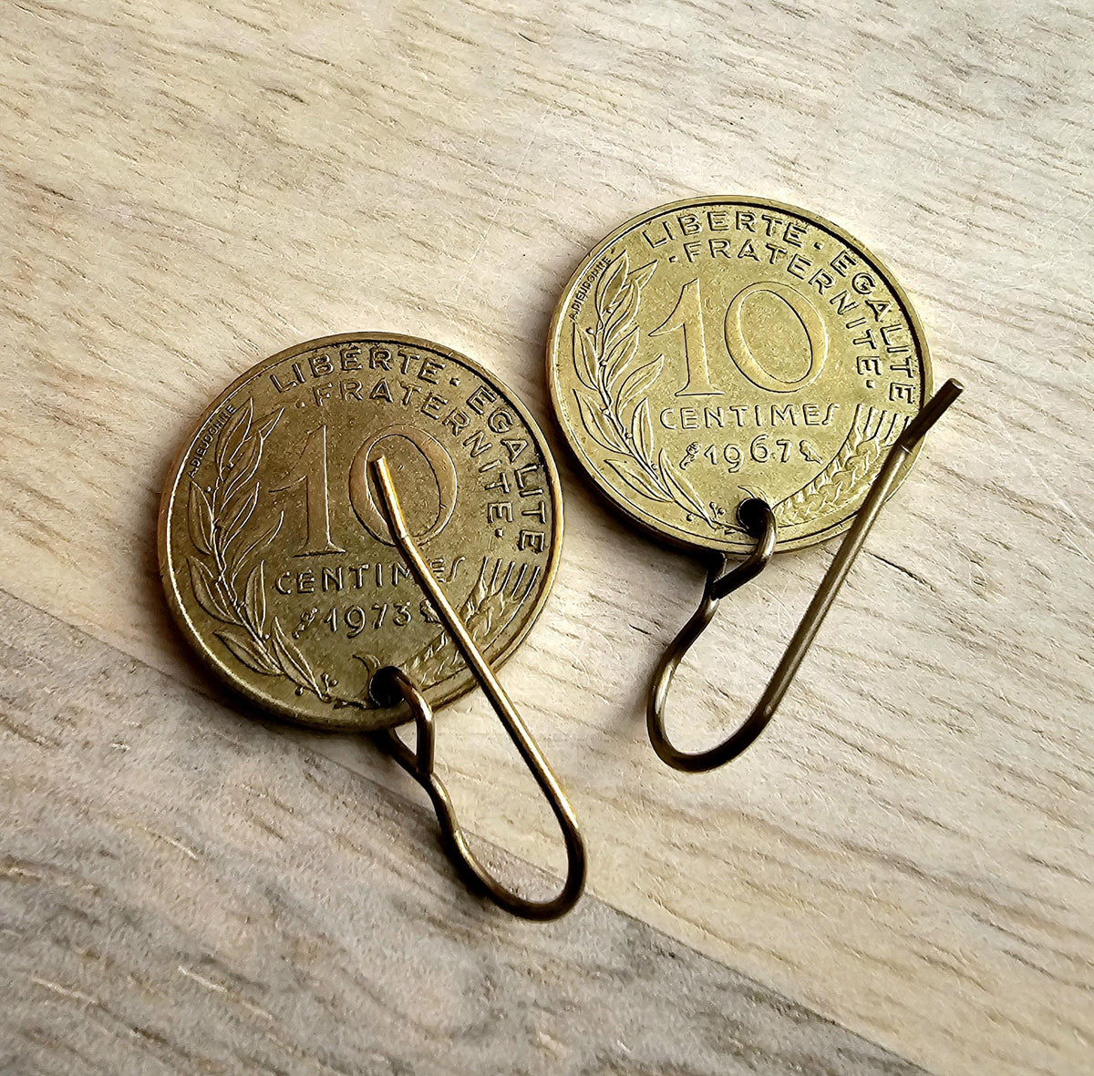 French Coin Earrings, Marianne's Profile Gold France Five Centimes and Brass Ear Wire, Handcrafted in USA by E. Ria Designs