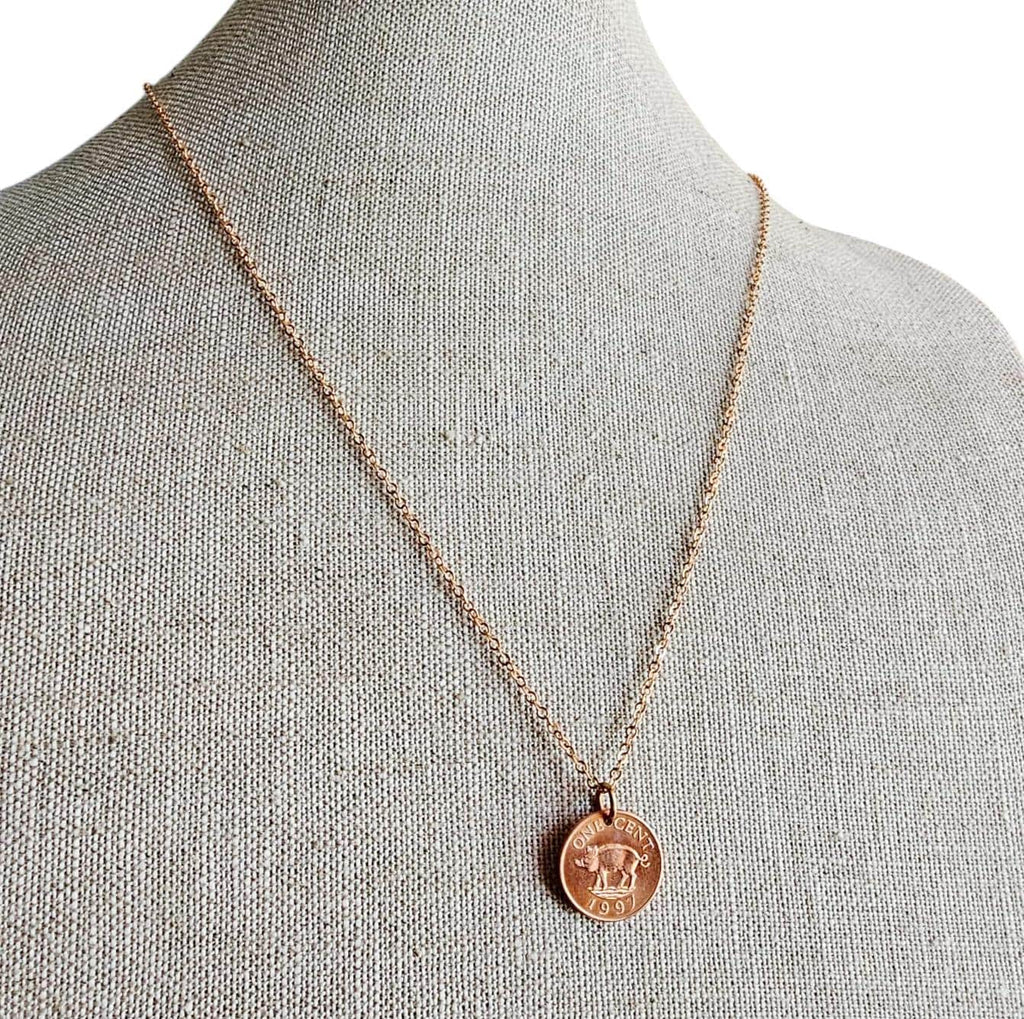 Vintage Pig Coin Necklace, 1997 Bermuda One Cent Coin, Old Coin Jewelry, Brass Cable Chain, Lobster Claw, Handcrafted in USA, Gift Boxed