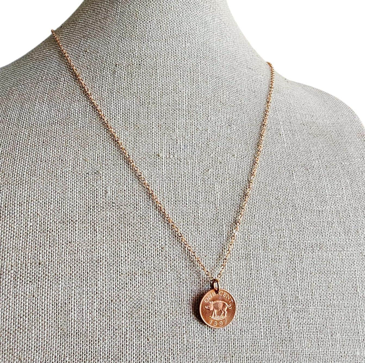 Vintage Pig Coin Necklace, 1997 Bermuda One Cent Coin, Old Coin Jewelry, Brass Cable Chain, Lobster Claw, Handcrafted in USA, Gift Boxed