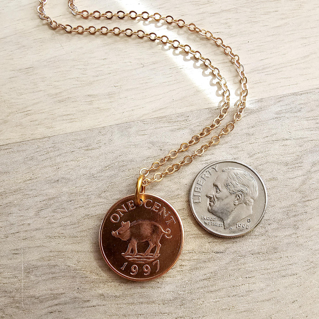 Vintage Pig Coin Necklace, 1997 Bermuda One Cent Coin, Old Coin Jewelry, Brass Cable Chain, Lobster Claw, Handcrafted in USA, Gift Boxed