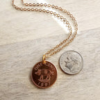 Vintage Pig Coin Necklace, 1997 Bermuda One Cent Coin, Old Coin Jewelry, Brass Cable Chain, Lobster Claw, Handcrafted in USA, Gift Boxed
