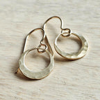 Little Hammered Gold Ring Earrings, 14K Gold Filled Artisan Handcrafted Hand Cut Off Center Circles, Everyday Jewelry, E. Ria Designs
