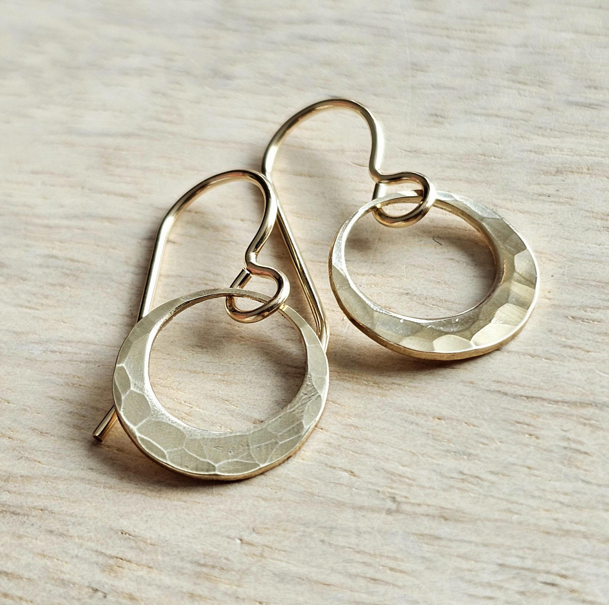 Little Hammered Gold Ring Earrings, 14K Gold Filled Artisan Handcrafted Hand Cut Off Center Circles, Everyday Jewelry, E. Ria Designs