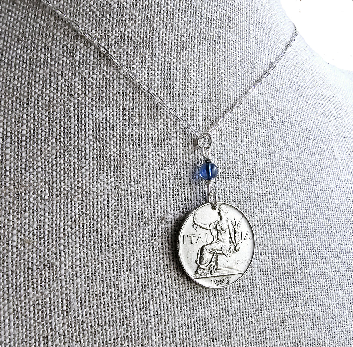 1923 Antique Italy 1 Lira Old Coin Necklace, Blue Austrian Crystal Bead, .925 Sterling Silver Paperclip 18 Inch Chain, Gift Box, Made in USA