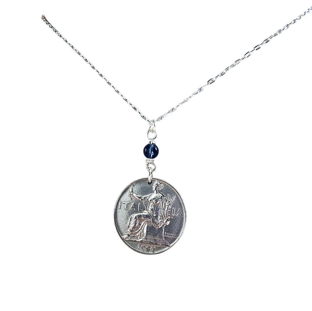 1923 Antique Italy 1 Lira Old Coin Necklace, Blue Austrian Crystal Bead, .925 Sterling Silver Paperclip 18 Inch Chain, Gift Box, Made in USA