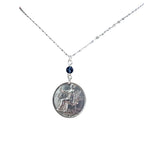 1923 Antique Italy 1 Lira Old Coin Necklace, Blue Austrian Crystal Bead, .925 Sterling Silver Paperclip 18 Inch Chain, Gift Box, Made in USA