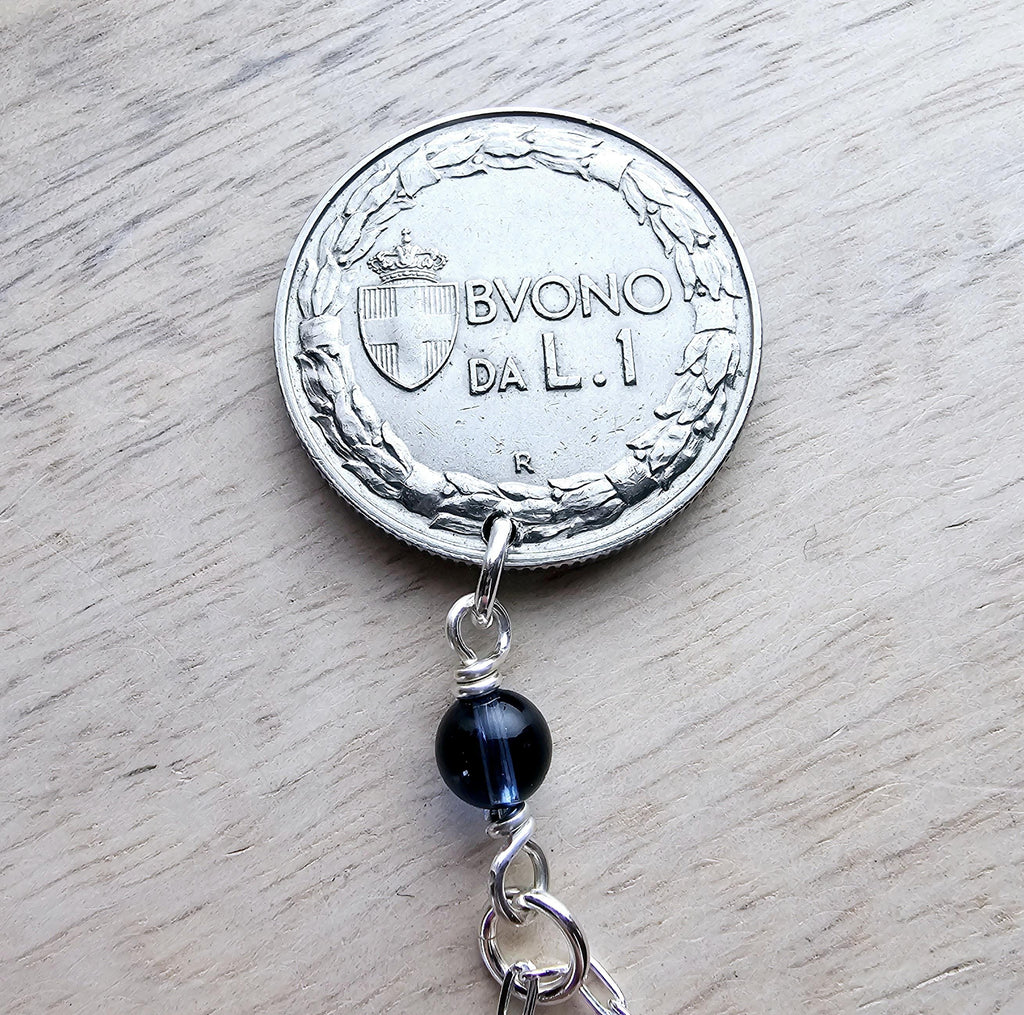 1923 Antique Italy 1 Lira Old Coin Necklace, Blue Austrian Crystal Bead, .925 Sterling Silver Paperclip 18 Inch Chain, Gift Box, Made in USA