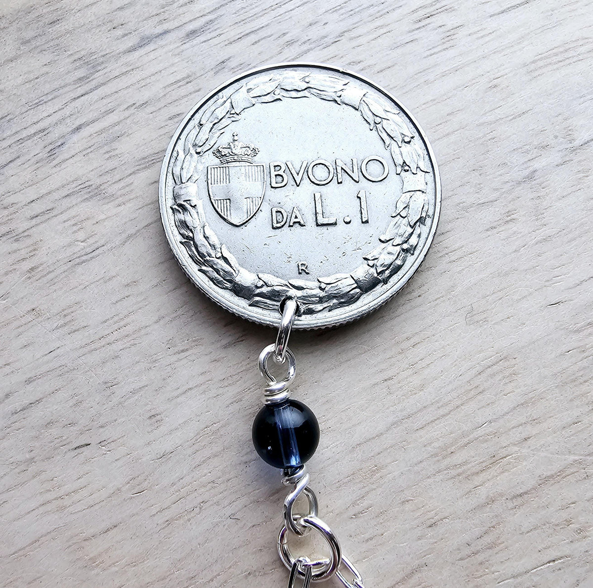 1923 Antique Italy 1 Lira Old Coin Necklace, Blue Austrian Crystal Bead, .925 Sterling Silver Paperclip 18 Inch Chain, Gift Box, Made in USA