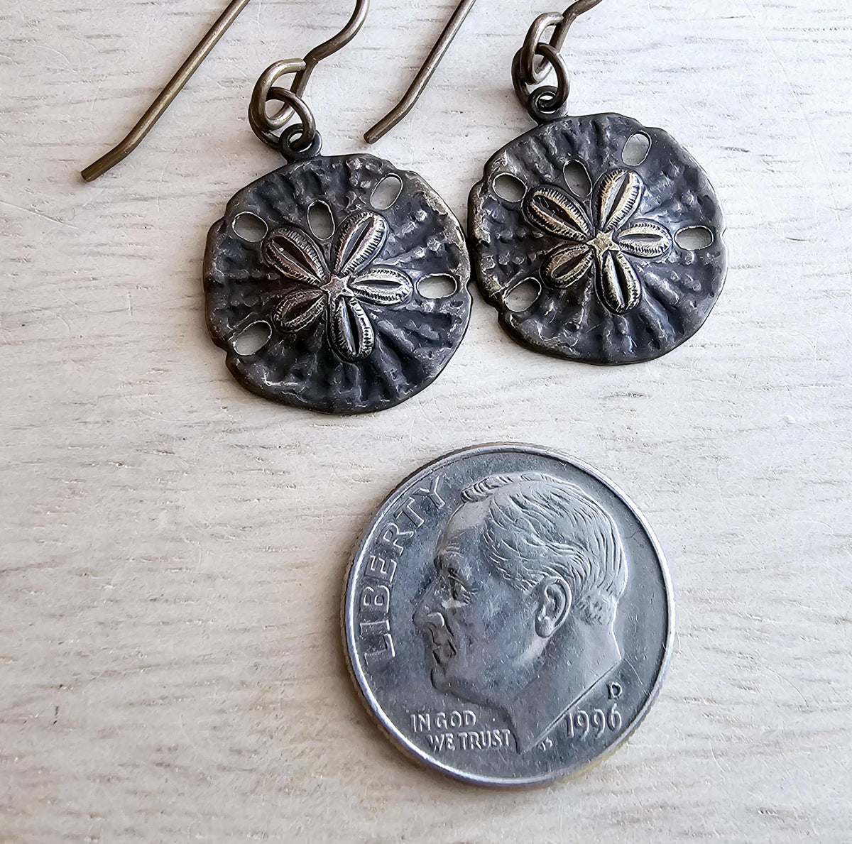Rustic Antiqued Brass Sand Dollar Earrings, Beach Gift, Sealife Jewelry, Made in USA, Handcrafted by E. Ria Designs, Gift Boxed