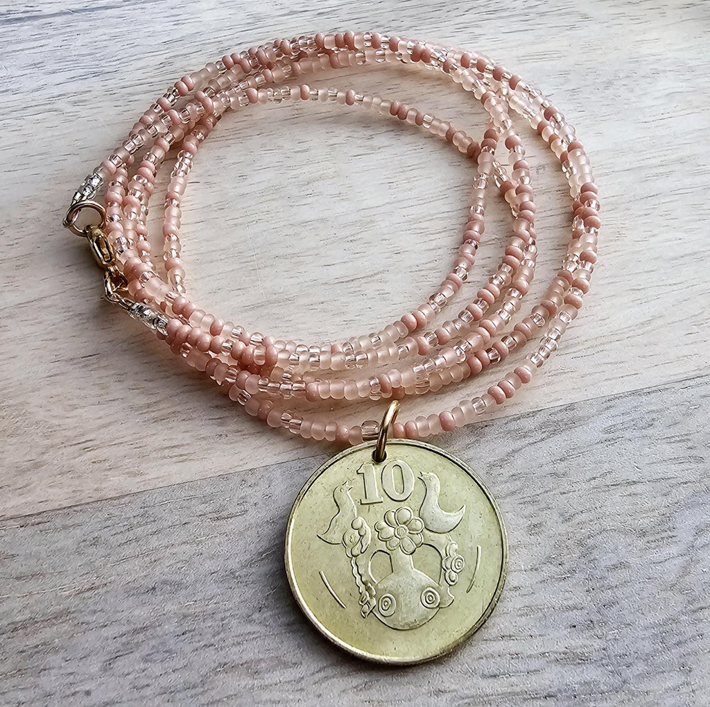 1983 Cyprus Coin Necklace, Mixed Peach Glass Bead Chain, 14K Gold FIlled Clasp, 10 Cent, Long Layering Necklace, Gift Boxed, Eriadesigns