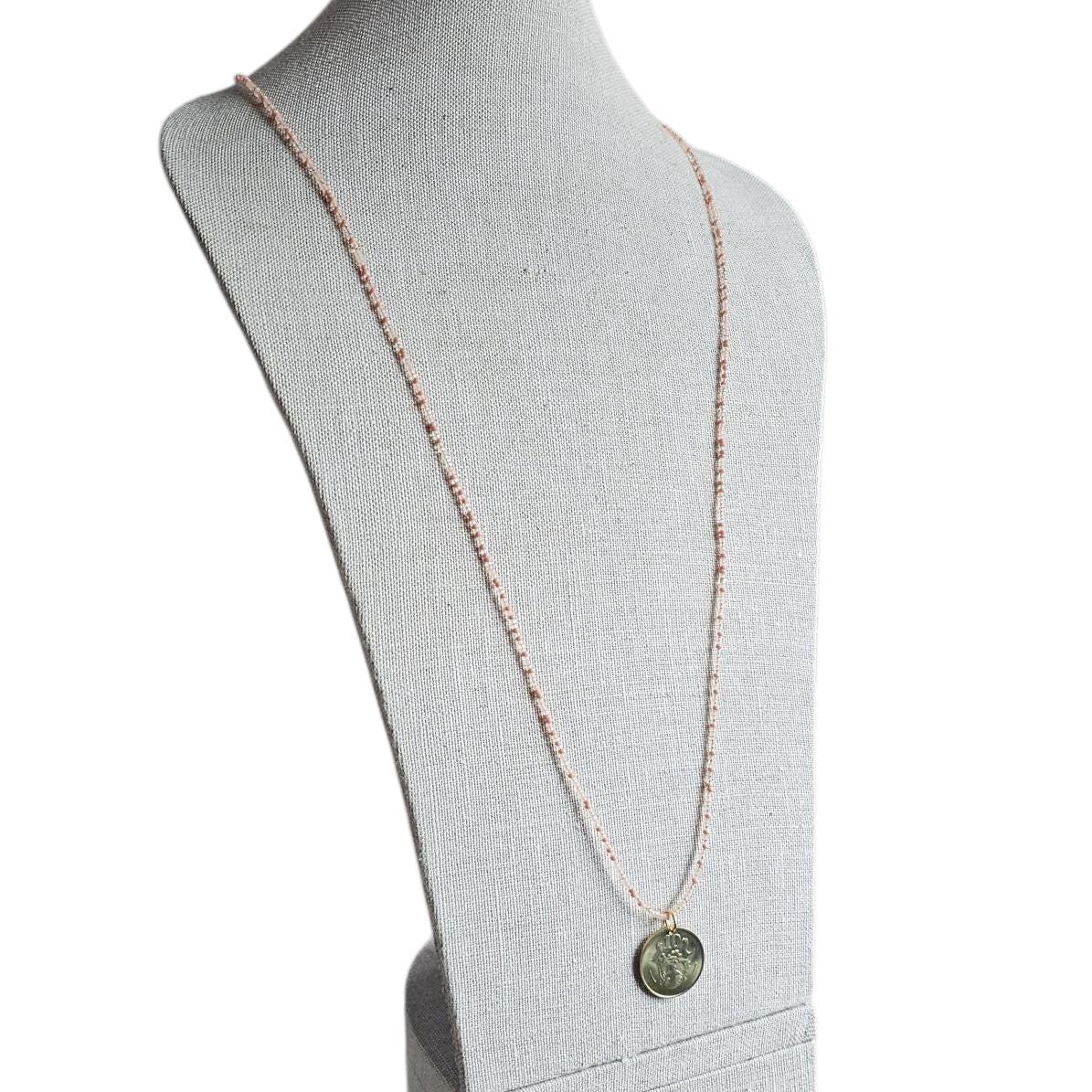 1983 Cyprus Coin Necklace, Mixed Peach Glass Bead Chain, 14K Gold FIlled Clasp, 10 Cent, Long Layering Necklace, Gift Boxed, Eriadesigns