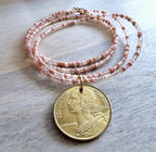French 20 Centimes Coin Necklace, Marianne, Mixed Peach Glass Seed Bead Chain, 14K Gold Filled Clasp, Gift Boxed, Made in USA E. Ria Designs