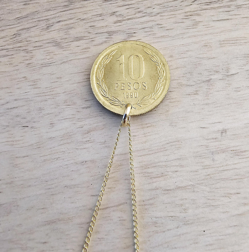 Vintage Chile 10 Pesos Freed Winged Woman Coin Necklace, 14K GF Cable Chain, Made in USA, E. Ria Designs, Victory Celebration Gift Boxed
