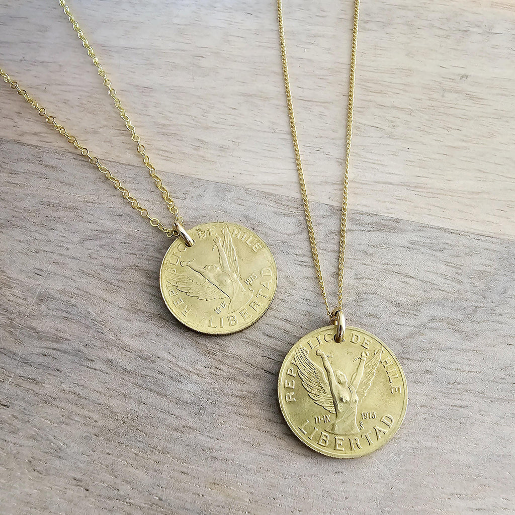 Vintage Chile 10 Pesos Freed Winged Woman Coin Necklace, 14K GF Cable Chain, Made in USA, E. Ria Designs, Victory Celebration Gift Boxed